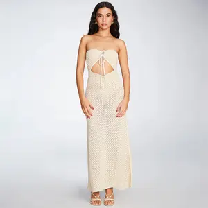 Women’s Crochet Knit Maxi Dress with Fringe – Sexy Sheer Halter Neck, Backless Boho Style for Beach Parties, Vacations, Summer Outfits, and Resort Wear