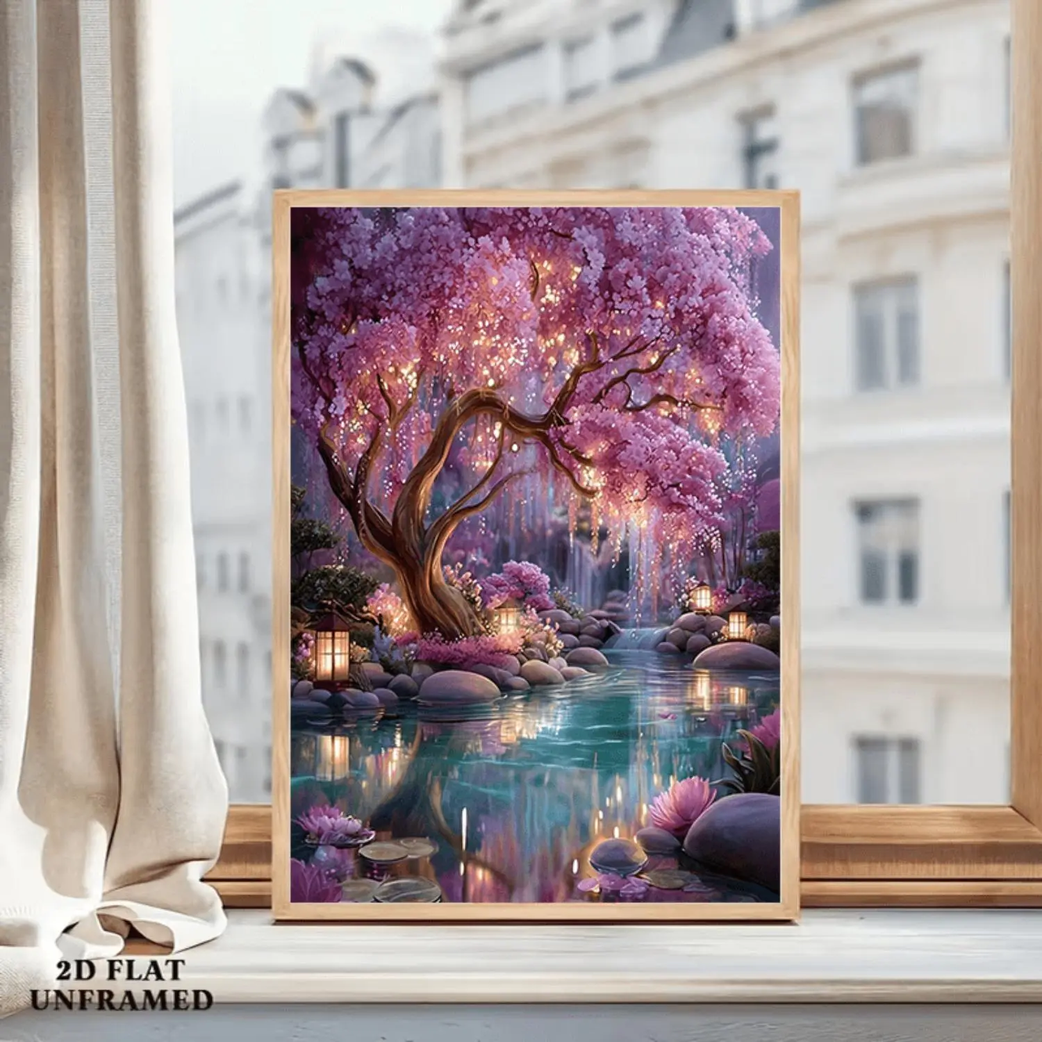 2D Flat Pink Cherry Blossom Nature Art Unframed Canvas Print, Fade-Resistant Japanese Zen Wall Decor, Modern Home Decor for Living Room, Ideal Gift Choice, Home Inspo