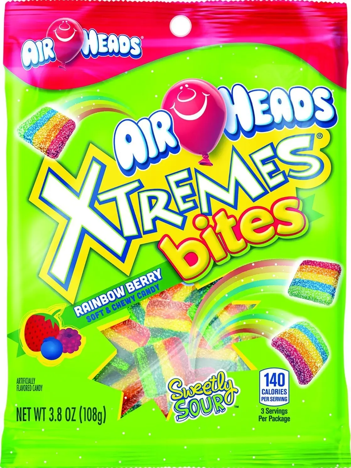 Xtremes Bites Rainbow Berry Tangy Fruity Snack Candy - Cherry, Watermelon, Strawberry Flavors, 3.8 oz, Allergy-considered, Airheads-included Snack Mix Sweet Gifts, Assorted Packaged Sweet Gifts (00073390678371)