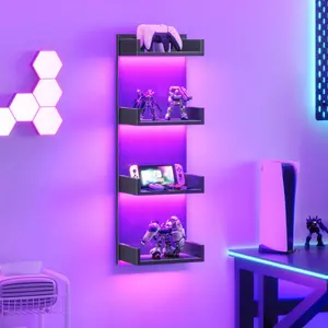 Floating Wall Shelf with LED Light, 4-Tier Floating Wall Shelf, Wall-Mounted Storage Rack, Vertical Display Shelf, Modern Column Rack, Suitable for Bedroom, Living Room, Hallway, Black