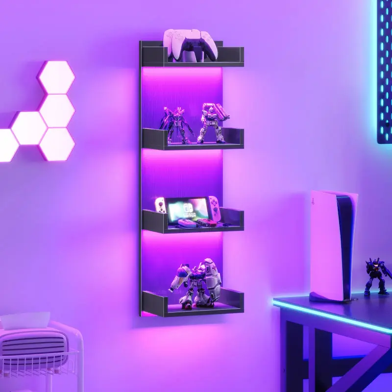 Floating Wall Shelf with LED Light, 4-Tier Floating Wall Shelf, Wall-Mounted Storage Rack, Vertical Display Shelf, Modern Column Rack, Suitable for Bedroom, Living Room, Hallway, Black