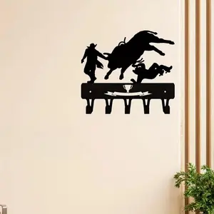 Western Cowboy Bull Rider Design Key Holder, Rustic Metal Wall Art with Rodeo Clown Design, Durable Iron Decor for Home Living Room Bedroom, Shelves