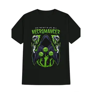 Men's Necromancer Graphic T-Shirt - Black Casual Round Neck Tee with D&D Inspired Skull & D20 Print, "Give the Gift of Life" Fantasy Design, Machine Washable Summer Top for Gamers & Fantasy Fans