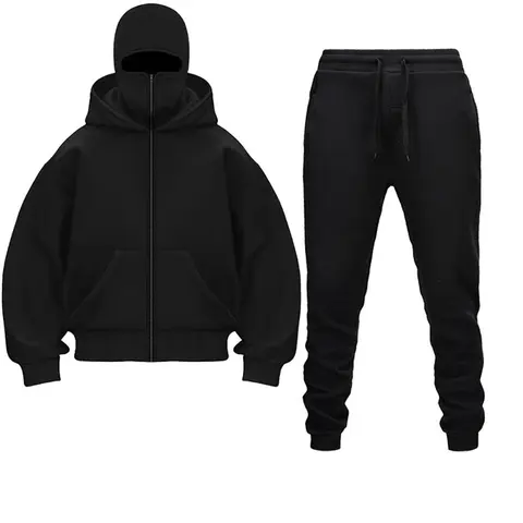 Men's 2-Piece Balaclava Athletic Clothes Set - Long Sleeve Zip-Up Double Layer Hoodie for Extra Warmth & Flexible Casual Joggers, Athleisure Solid Streetwear Outerwear