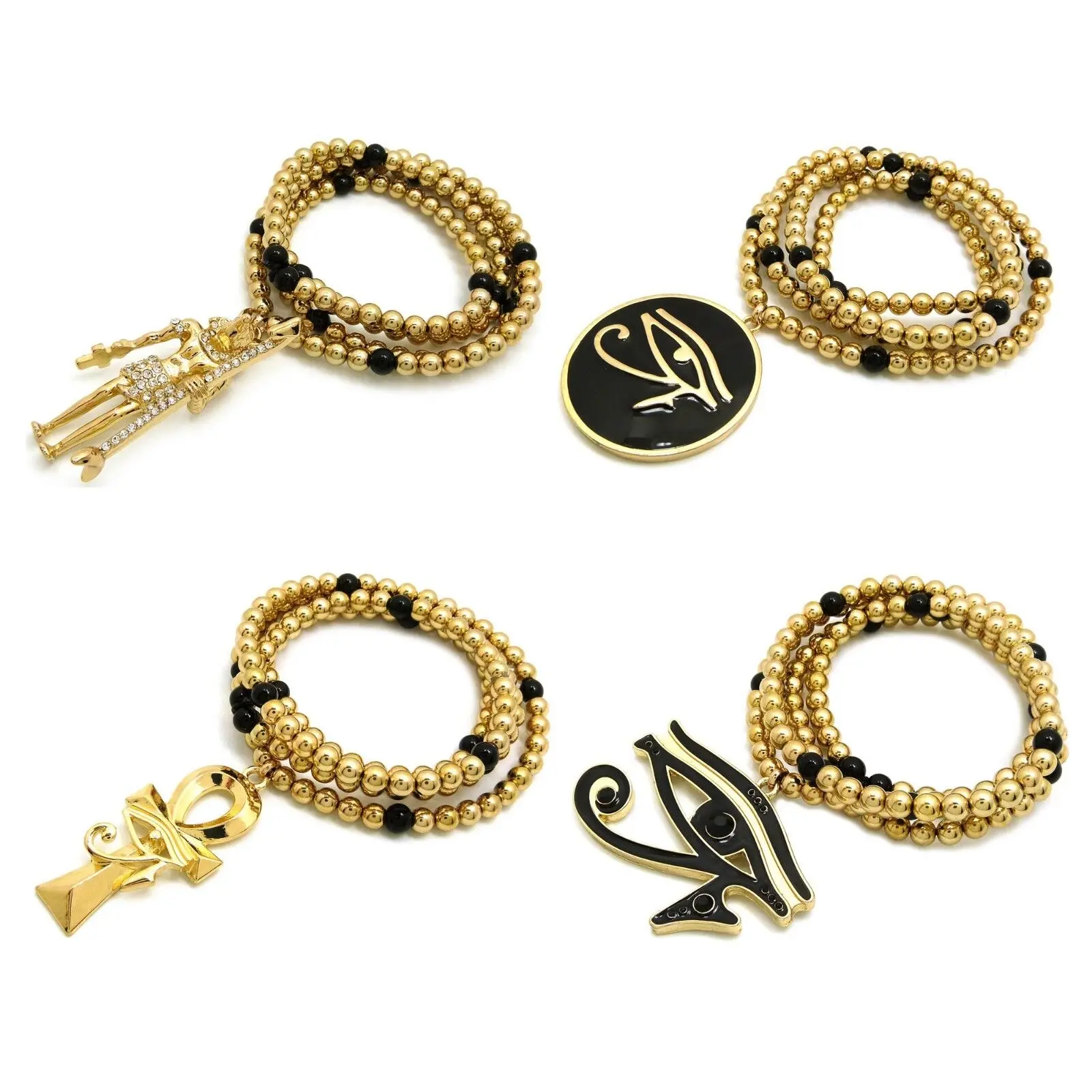 MaxBling81 Hip Hop Necklace with Gold Plated Egyptian Pendant - Ankh, Anubis, or Eye of Heru, 30" CCB Bead Chain, Jewellery Accessories