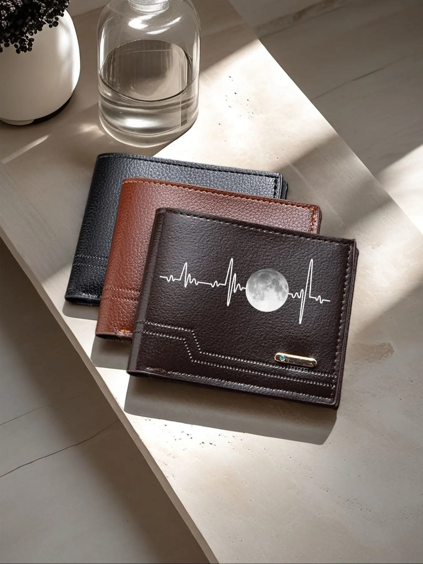 Personalized Card Holder, Men's PU Wallet, Moon Print Money Bag, Multi-Card Slots, Colorblock Small Wallet, ID Window, Zipper Coin Purse, Multi Functional Wallet
