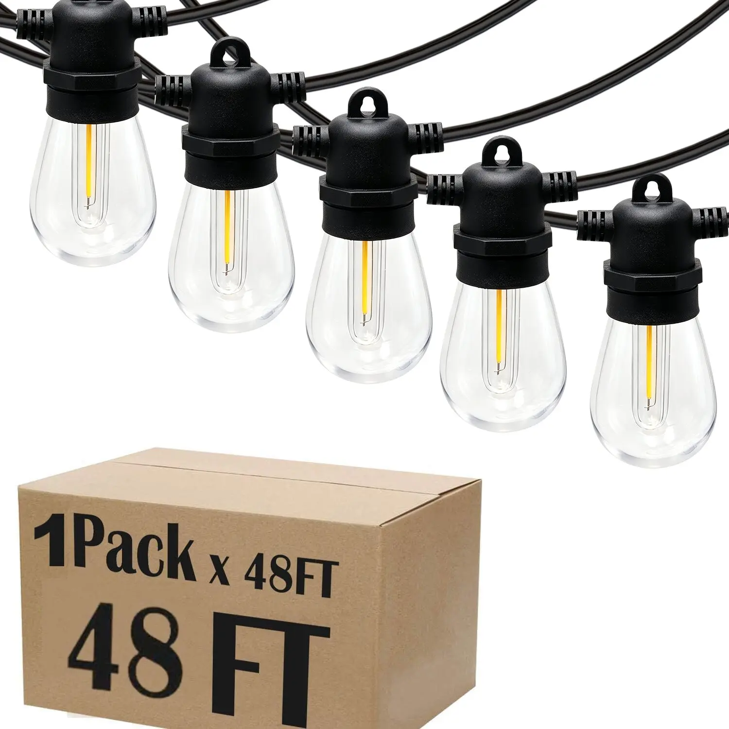 LED Shatterproof String Lights Commercial Grade with 15 Hanging Sockets 48 Ft Black Outdoor Weatherproof Cord Strand for Patio Garden Porch Backyard Bistro Gazebo Party Deck Yard