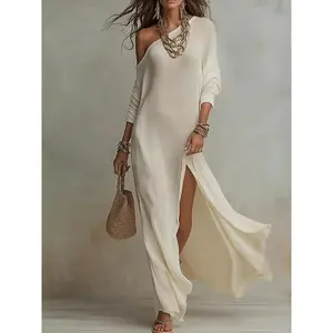 Stunning Evening Dress One-Shoulder Long for Women, Summer Beach Vacation Style, Split Design, European and American Fashion, Getaway Poolside, Beachwear, Layering Piece, Comfy Cozy, Mode, Classic, MaxiDress, DailyLook