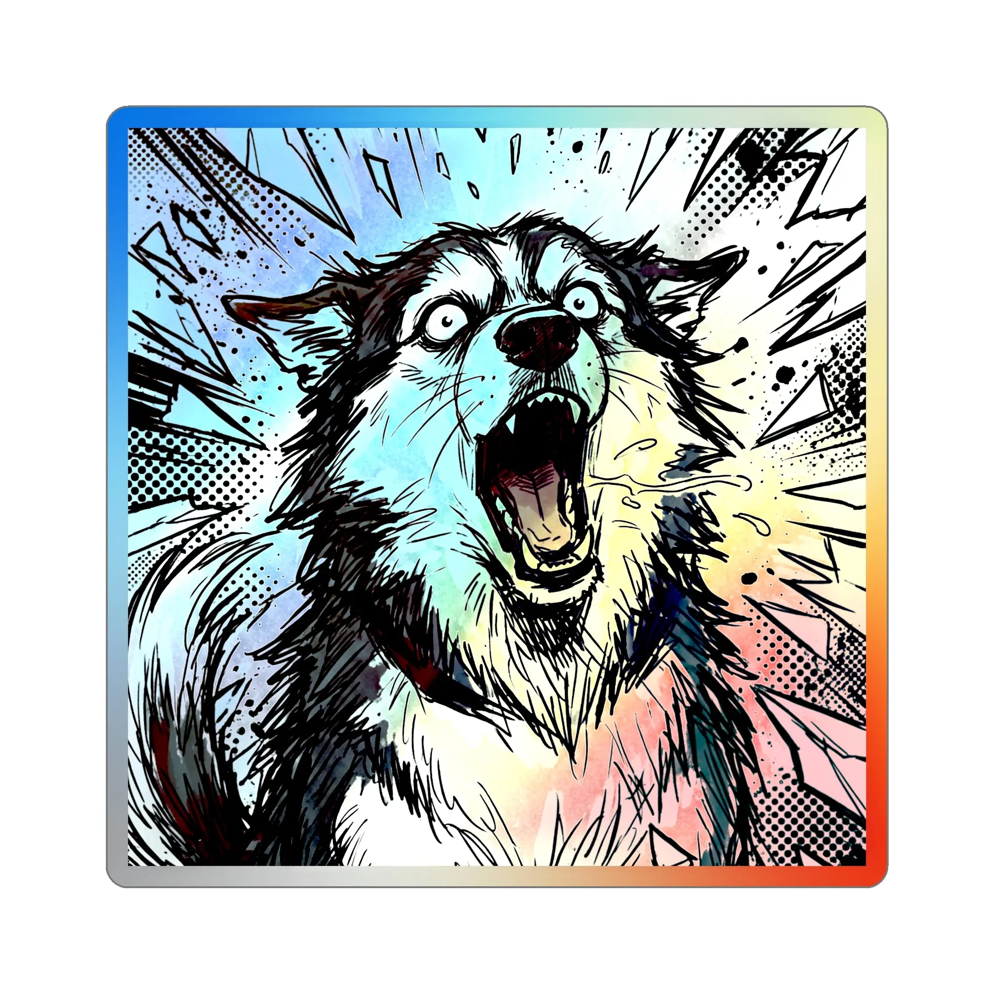 The Shattering Husky Holographic Sticker | Siberian Husky Comic Dog Art