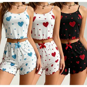 2pcs/3pcs blue+red+blackred Women’s Heart Print Cami Pajama Set - Mix Colors, Ribbed Loungewear with Shorts