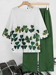New Floral Print Casual Two-Piece Set for Women, and Contrast Top with Three-Quarter Sleeves, Comfortable Loose Wide Leg Pants for All Seasons