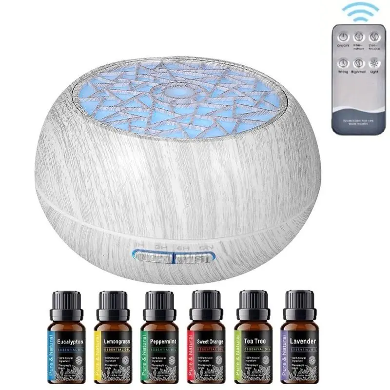 550ml Eco-Friendly Cool Mist Humidifier & Aroma Diffuser - Bedside Humidifier Room Appliance with Wood Texture Finish, 7-Color Mood Light Nightlight, Remote Control, Adapter, Essential Oil Compatibility, Sleep Aid (Ideal for Father's Day), Humidifier Room