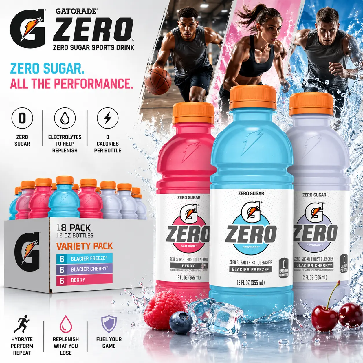 Gatorade 0 Calorie Sports Drink Variety Pack - 12 Fl Oz Bottles (Pack of 18) - Glacier Freeze, Glacier Cherry, Berry Flavors - Electrolyte-Infused Hydration Support Beverage, 0 Sugar