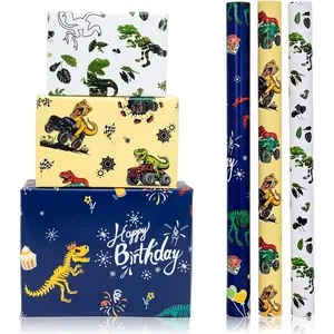 Dinosaur Wrapping Paper Rolls with Cutlines  Reverse - 3 Rolls Birthday  Wrap for  Boys Girls Dinosaur Party Birthday  Wrapping Holiday(17 Inches X 120 Inches)