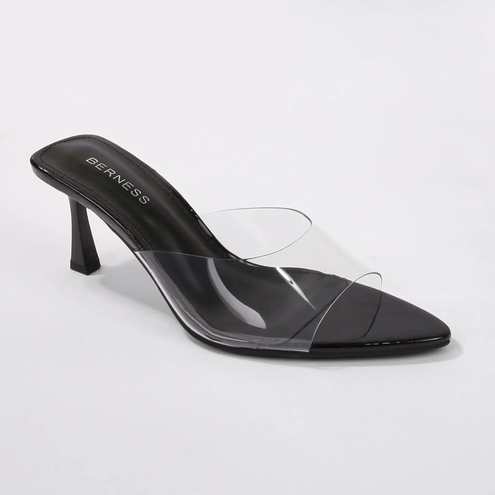 BERNESS Cana Transparent Slip on Mule Heels Pointed Toe Stiletto Heel Memory Foam Cushioned Footbed Casual Summer Shoes Sandals for Summer Kitten Heels