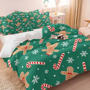 Christmas Theme Duvet Cover Set, Includes One Fitted Sheet and Pillowcases, Green Background with Gingerbread Man, Candy Cane Pattern, Soft Breathable Bedding Sets for Bedroom Decor or Gifts
