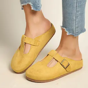 Women’s T-strap buckle mule clogs, slip-on closed-toe flat slippers, comfortable non-slip casual shoes for indoor and outdoor wear