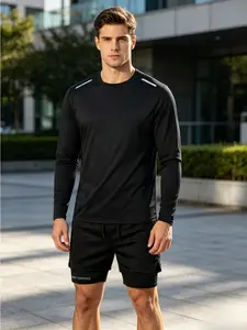 Men’s quick-dry long-sleeve sports set for outdoor running and fitness, two-piece outfit with double-layer anti-exposure shorts