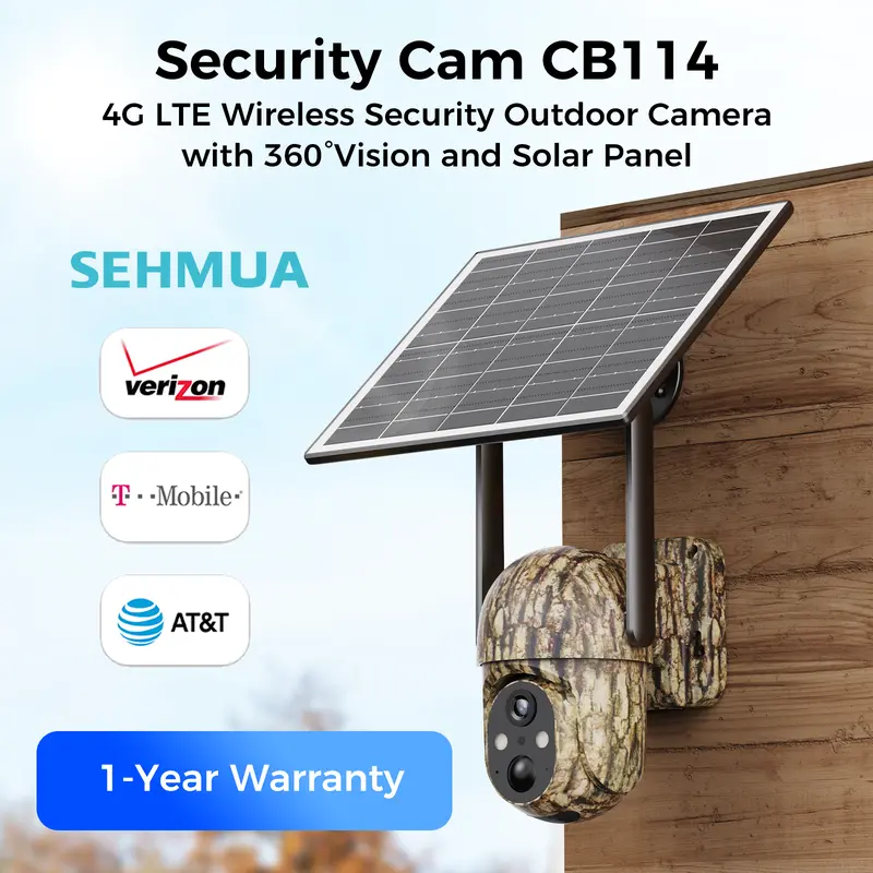 4G LTE Solar-Powered Security Surveillance Camera CB114S- 2K HD Live View 360° Coverage No WiFi Remote APP Access Weatherproof Motion Detection Night Vision Built-in 4G Data Card 4G Data Need Activation