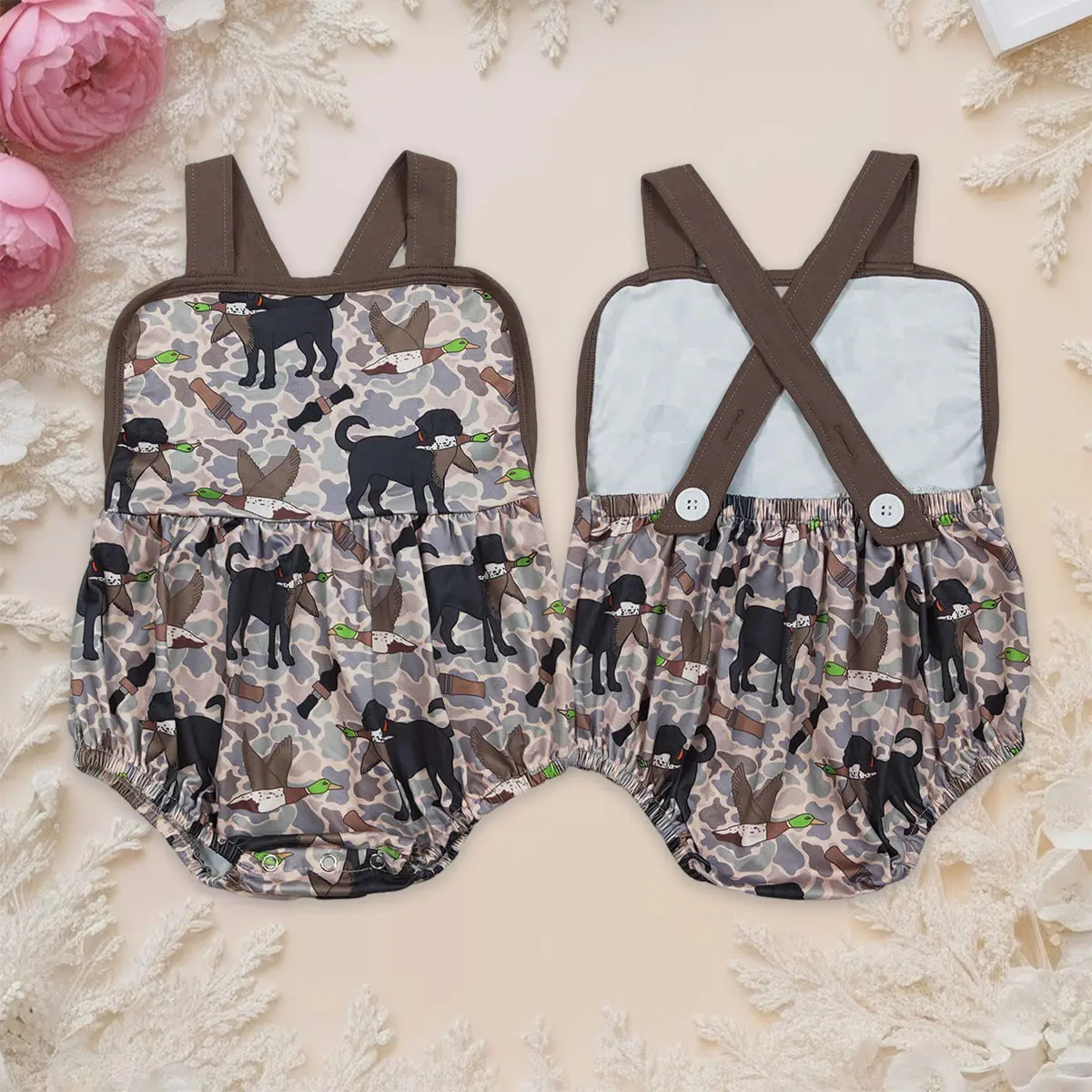 Unisex Infant Bubble Romper | Cute Reversible Cotton-Blend with Birds & Deer Hunting Camo Print, Adjustable Straps, Bodysuit