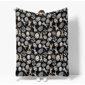 Easter Fuzzy Plush Flannel Polyester Blanket Throw - Multi-Size, Plaid Print, Bunny Rabbit, Black Easter Eggs, Wave Point Designs, Soft Cozy Fleece, Fade Resistant - For Couch/Bed Lounging - Ideal Gift for Kids
