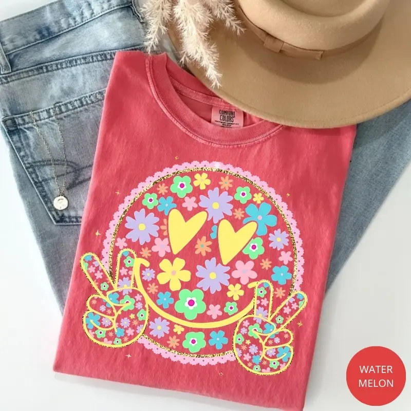 Comfort Colors Retro Groovy Smiley Face T-Shirt, Floral Peace Sign Graphic Tee, Cute Summer Shirt, Vintage Happy Vibes Top, Casual, Shortsleeve, Streetwear, Women, Fitted, Graphic Tees Women, Cotton, 2Xl, Round Neck, M, Women's Tops
