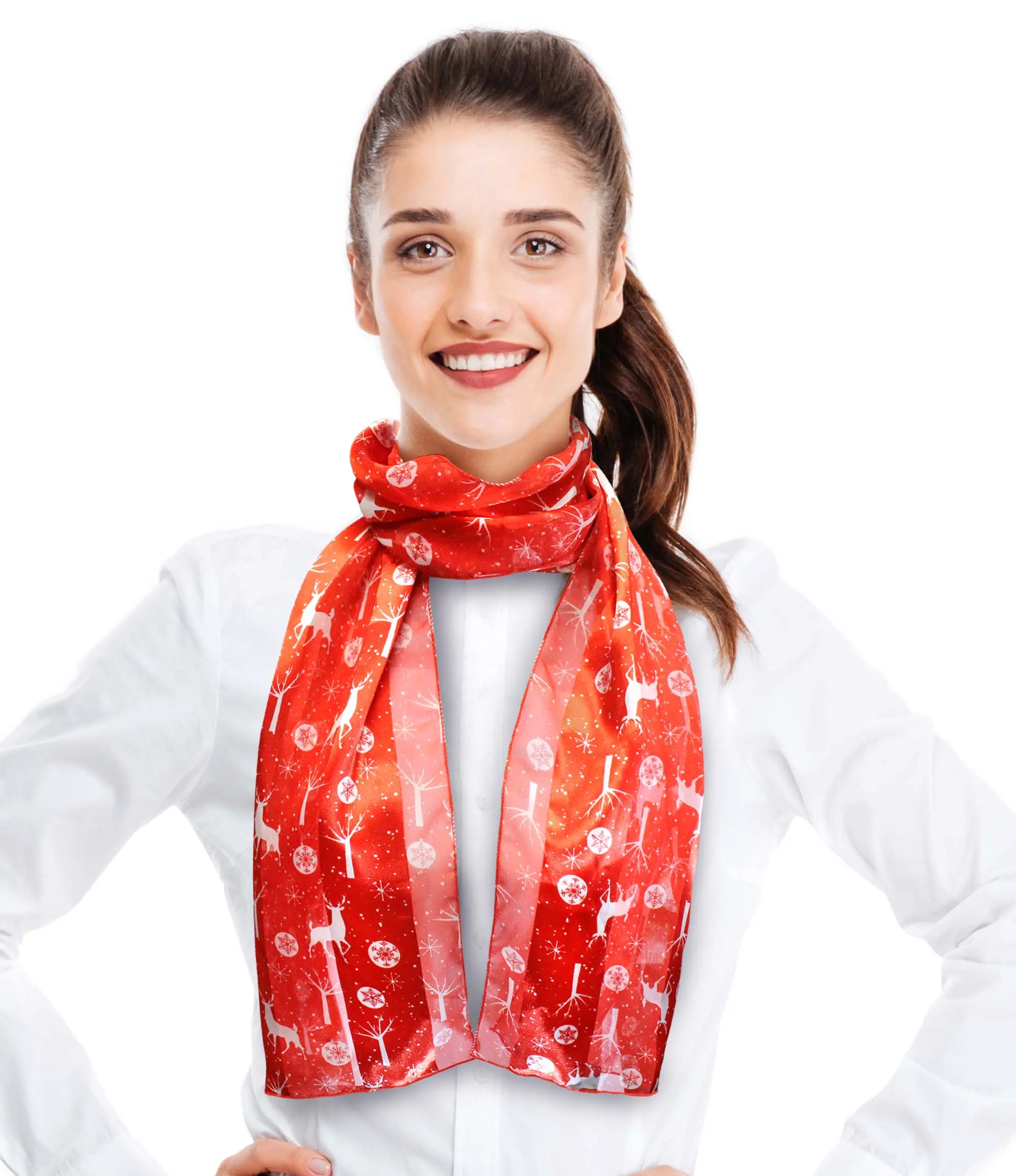 CBC Crown Women's Basic Rectangular Christmas Silk-Feel Polyester Scarf - Ornament & Deer Prints, 13"x60" Red, Soft Lightweight, Hand Wash Only, Elegant Fashion Accessory for Friends, Casual Office Use