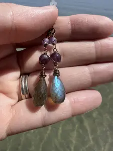 Psychic Protection + Spiritual Protection Labradorite with Lepidolite & Amethyst Crystal Healing Dangle Earrings