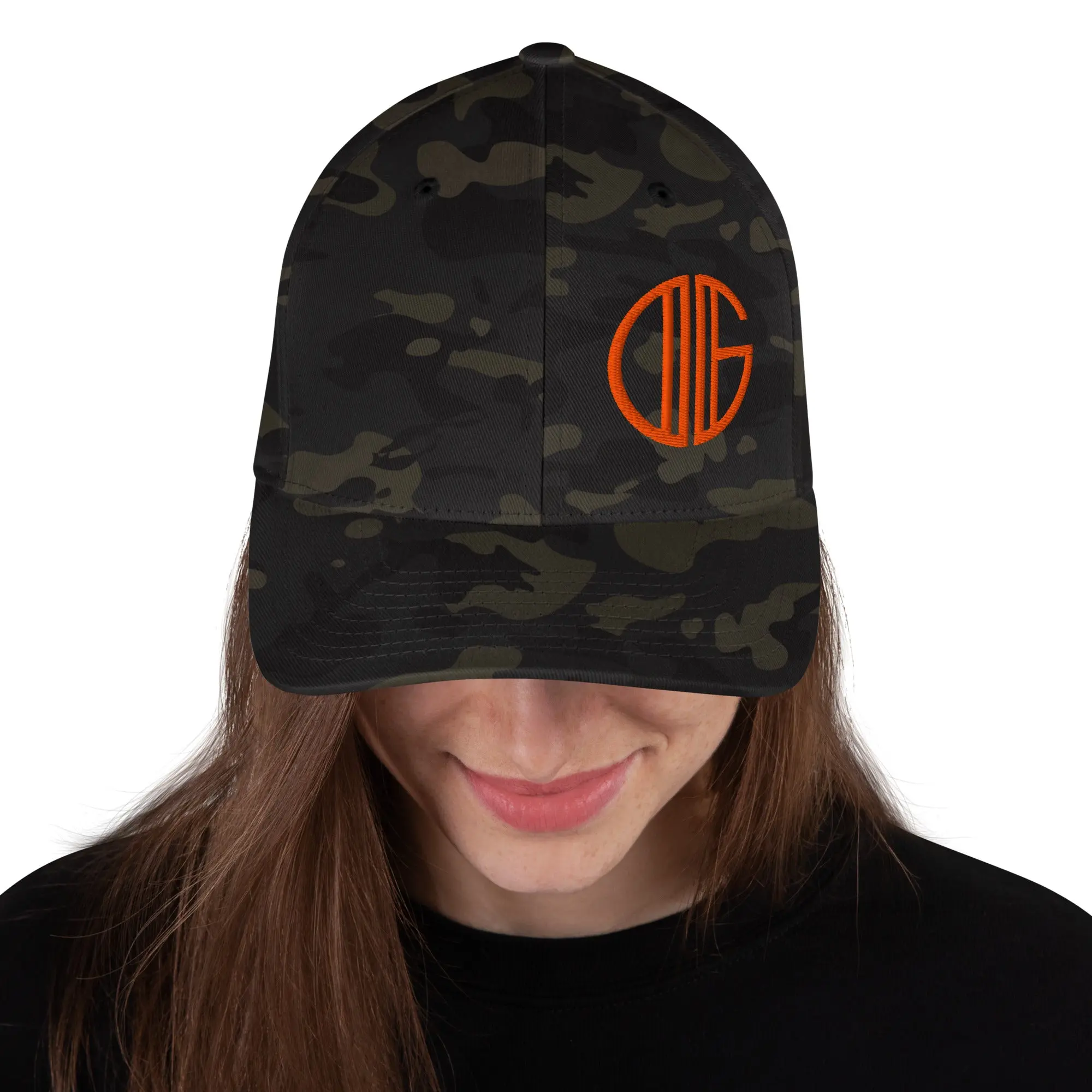 6-Panel Structured Twill Camo Athletic Cap, Orange, Polyester Blend Fabric, Stretch Band, 22”～23₼ (55.9 Cm～60.6 Cm)) Size Fit