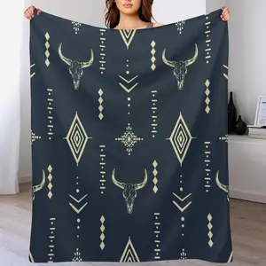 Western Blanket Bull Skull Boho Aesthetic Aztec Navy Blue Abstract Art Soft Cozy Lightweight Throw Blanket for Children Boys Men Bedroom Living Room Dorm Chair Sofa Travel