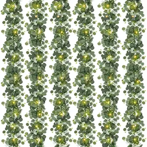 N&T NIETING 6-Pack 6FT Decorative Artificial Eucalyptus Leaf Garland with Warm White Battery-Operated Lights, Floral Greenery Vine for Home, Table, Wedding Decoration