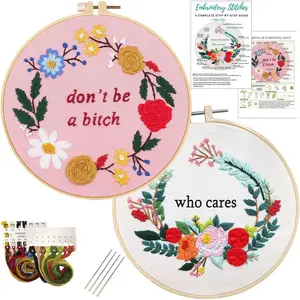 2 Sets Funny Embroidery Kit with Stamped Floral  for Beginners Adults Simple  Stitch Kits Include Needlepoint Cloth Hoops  Threads
