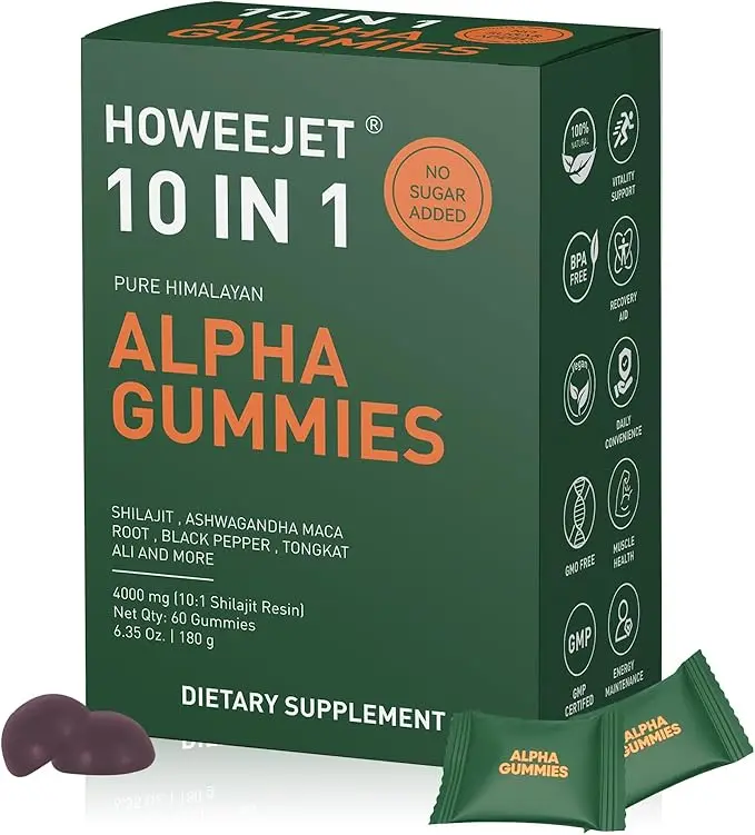 Howeejet 10-in-1 Alpha Shiraji Gummies 4000mg | Boosts Energy Endurance Focus | Sugar-Free Vegan | Tongkat Ali Maca Root Fulvic Acid Ginger 85+ Trace Minerals | Non-GMO | 60 Gummies | Energy Vitality | Dietary Supplement