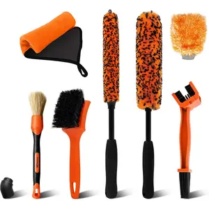 7PCS Motorcycle Cleaning Kit with 2-Size Bendable Wheel Brushes-Hard Reach Brush,Tire and Chain Brush, Boar Hair Detailing Brush, Wash Mitt & Microfiber Towel for Dirt Bike & Car Wheels