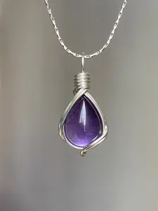 Women's Bohemian Feng Shui Teardrop Amethyst Pendant Necklace, Handmade Woven, Healing Crystal Jewelry for Clarity and Inner Peace