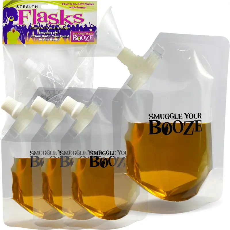 Smuggle Your Booze Set of 4 - 4oz Soft Flasks - Drink Drinkware Great for Concerts or Sporting Events
