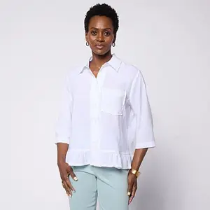 Hue Ruffle Hem 3/4-Sleeve Button-Down Top