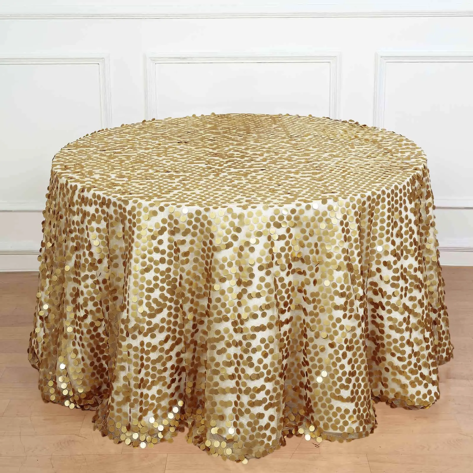 120" Champagne Sequin Round Tablecloth - Big Payette Seamless Mesh-Base Table Cover for Event, Wedding Decorations