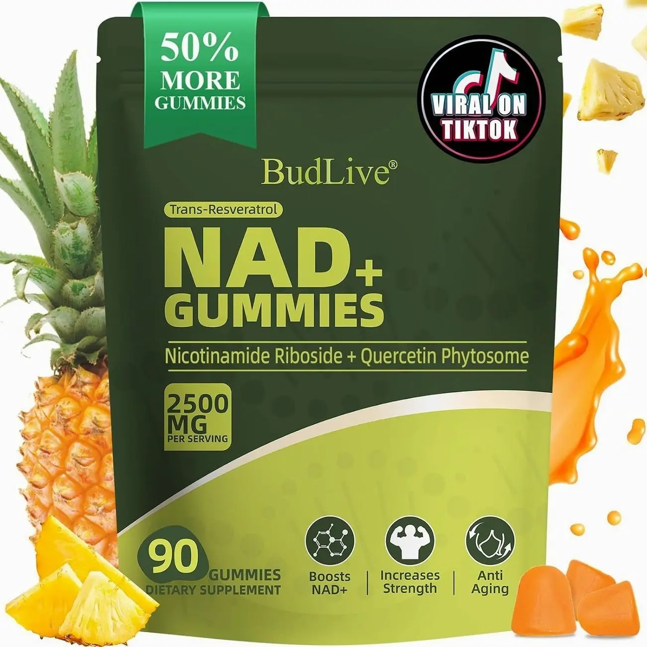 NAD+ Supplement Nicotinamide Riboside, Liposomal NAD Resveratrol, NAD Gummies, Anti-Aging, Cellular Energy & Health Support, NAD Supplement for Men and Women, 90 NAD Gummies