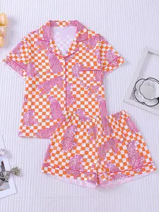 Women's 2-Piece Orange & White Checkerboard Pink Leopard Print Pajama Set, Sweet Cool Loungewear with Pink Piping, Short Sleeve Lapel Top with Small Pocket & Elastic Waist Shorts, Soft Comfy All-Season Casual Sleepwear