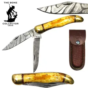 5" Bone Collector 2-Blade Damascus Steel Folding Cutting Tool (BC 875-DBB Model) - Brass Bolster, Yellow Steel Finish, Frame Lock, Leather Sheath for Camping, Hiking