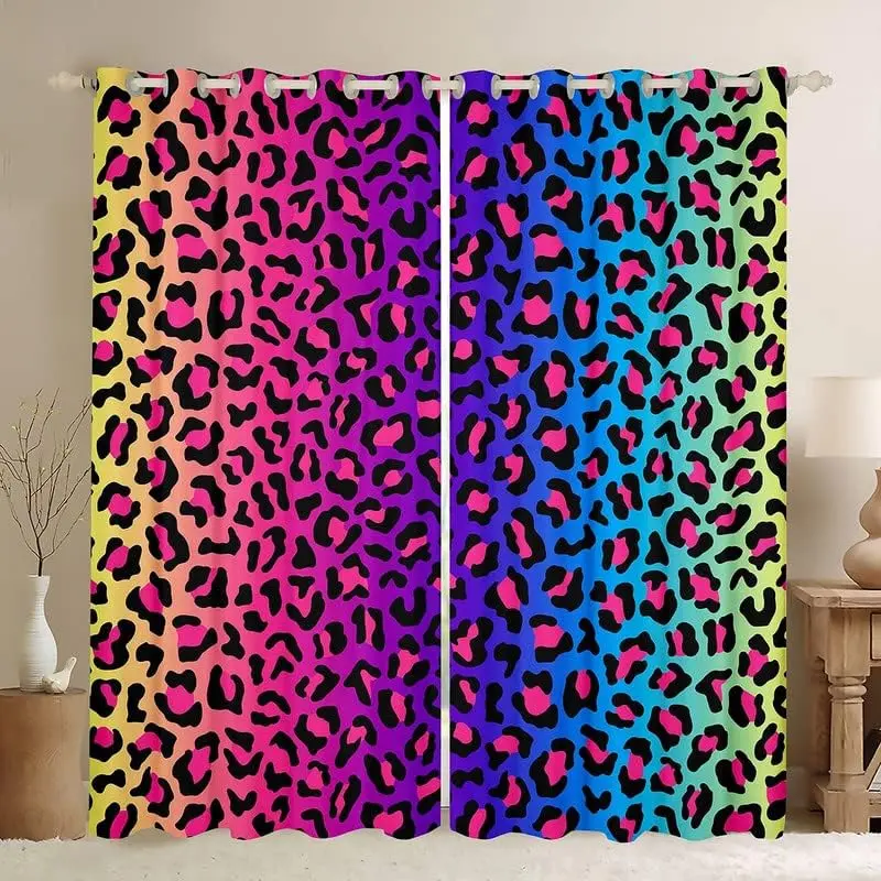 Feelyou Soft Rainbow Leopard Patterned Blackout Window Curtains - 2-Panel Grommet Privacy Set (38w x 45l), Child-Friendly, All-Over Print, Machine Washable, Adjustable for Bedroom, Dining Room, Window Drapes, Curtain For Windows, Rainbow Leopard Print