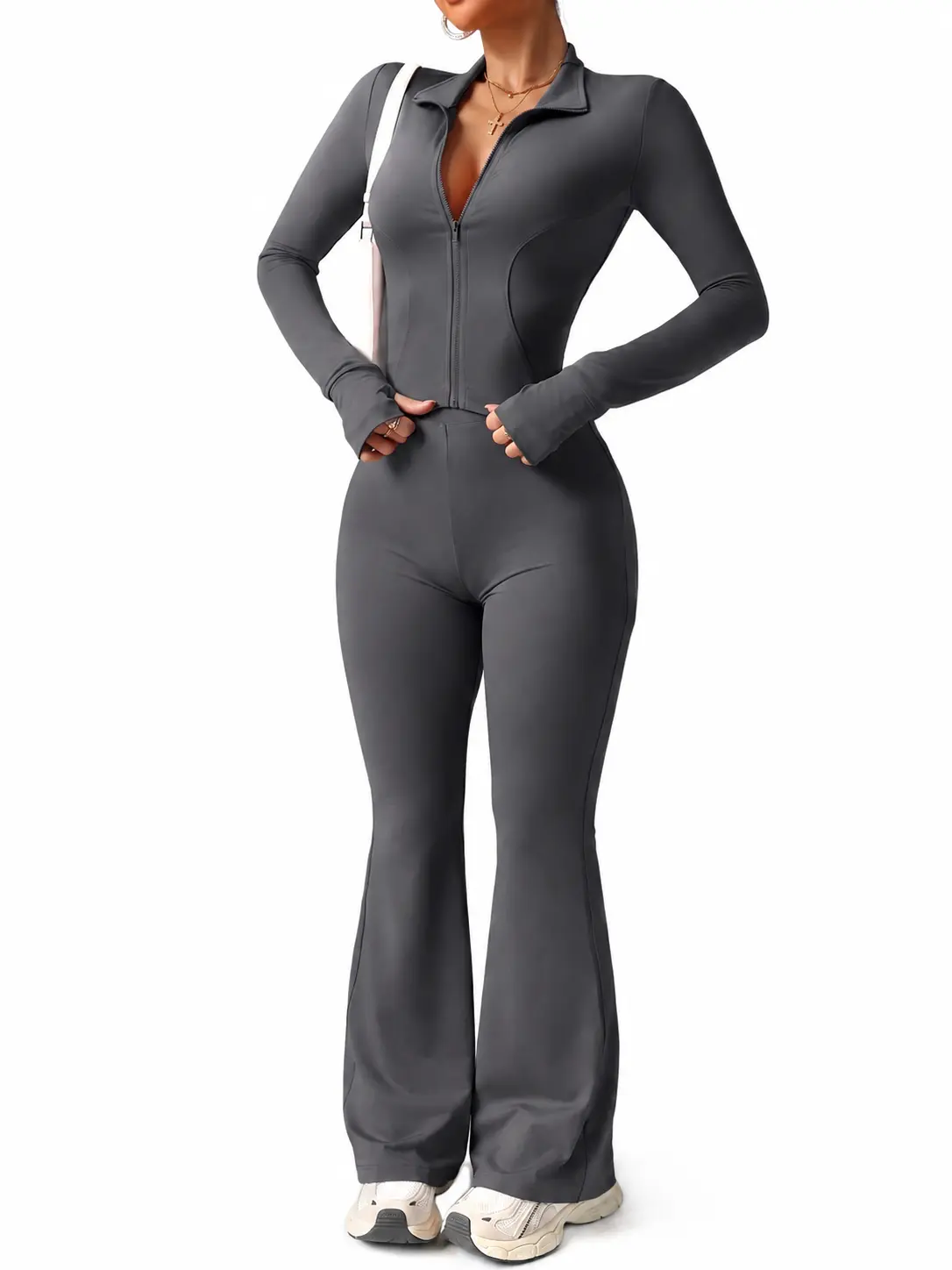 Women's Ribbed Long Sleeve Jumpsuit with Flare Pants, Comfortable Stretchy Yoga Romper for Daily Wear Women's Ribbed Long Sleeve Jumpsuit with Flare Pants, Comfortable Stretchy Yoga Romper for Daily Wear zip up jumpsuit comfortable jumpsuit for women