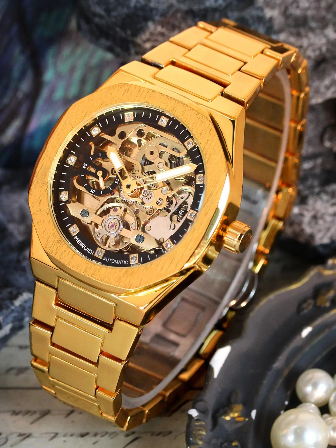 Luxury Automatic Movement Octagonal Men's High-Quality Business Watch Stainless Steel Mechanical Hollow Design Free Gift Watch Adjuster