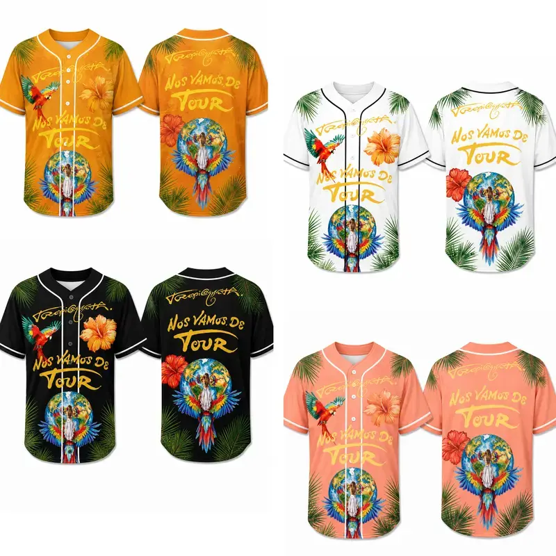 Tropicoqueta Nos Vamos De Tour Baseball Jersey, Macaw Parrot Tropical All Over Print Short Sleeve Button Down Oversized Festival Top Women Men