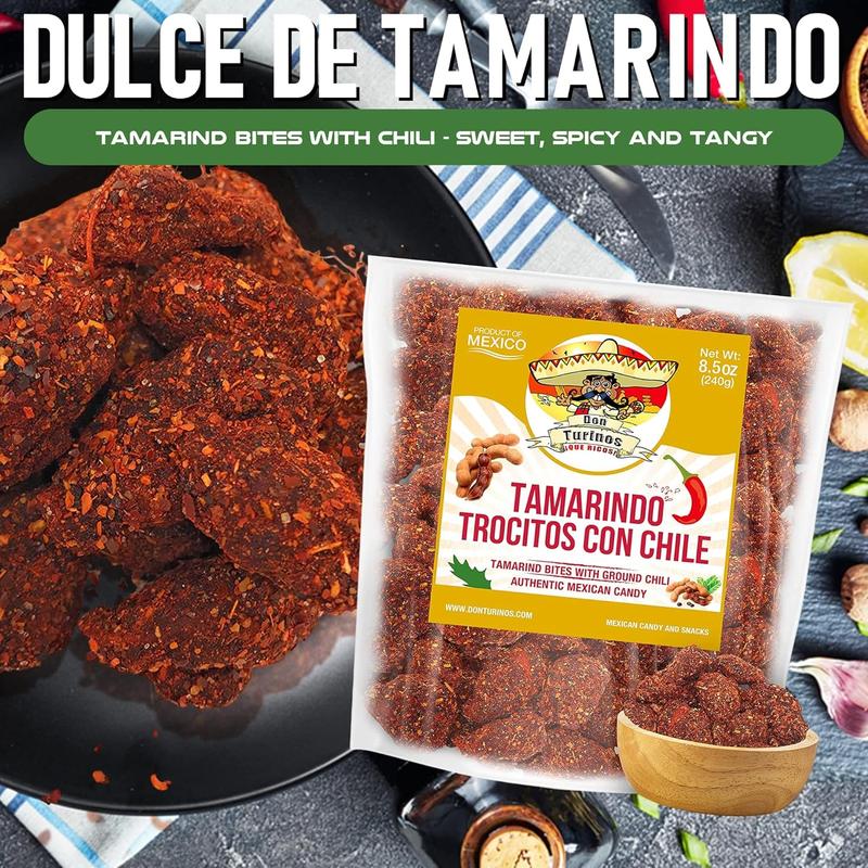 Tamarindo De Frutas Con Chile, Authentic Mexican Tamarind Candy with Chili, Sweet, Tangy and Spicy. Dulce De Tamarindo 8.5 oz. Contains Seed. Bag by Don Turinos