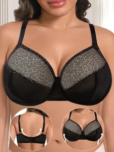 Plus-Size Sexy Leopard-Print Underwire Bra, Semi-Sheer Lace Push-Up Lingerie, Full-Cup Unpadded Comfortable Bra, Exquisite Style 8111