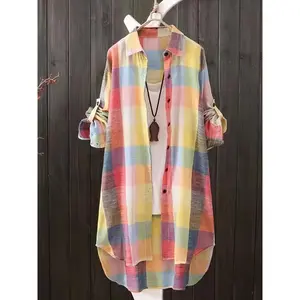 Plus size plaid print shirt, casual collared long sleeve buttons shirt, women's plus size clothing