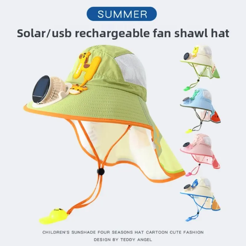 Cartoon UPF50+ Children's Solar Fan Sun Hat, Big Eaves Mesh Shawl Sun Protection Hat for Boys & Girls Outdoor Sports & Outdoor Use