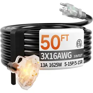 50 ft 16/3 awg 3 Outlet Extension Cord Splitter with ,  Outdoor Extension Cord with Multiple Outlets, 13A 1625W for  & Workshop, ETL Listed, Black SJTW